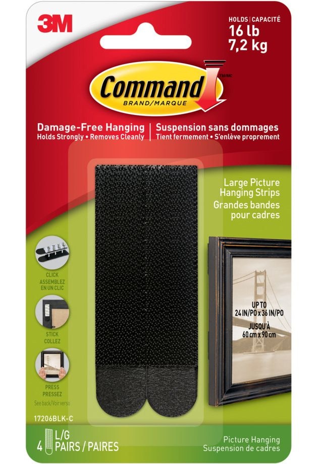 Large Adhesive Picture Hanging Strips, Black, 16-lbs, 4 Strips per Pack H4371