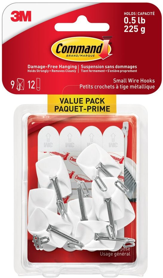 Small Wire Hooks Value Pack with Adhesive Strips, White, 0.5-lbs, 9 Strips per Pack O2510
