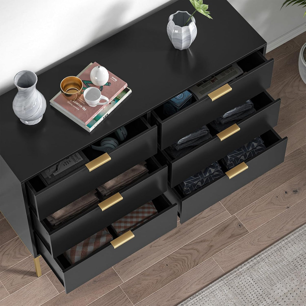 Black Dresser for Bedroom, Modern 6 Drawer Dresser, Chest of Drawers Closet Organizers and Wood Storage Clothes, White Dresser with Golden Handles Room, Hallway