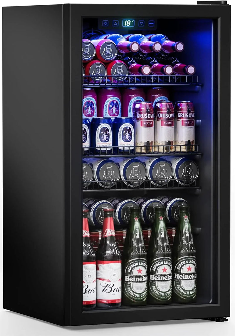 Refrigerator Cooler-120 Cans Freestanding Mini Fridge Cooler with Glass Door, Adjustable Shelves & Digital Temperature Display for Soda, Wine or Beer (Black, 3.2 Cu.Ft) N1999