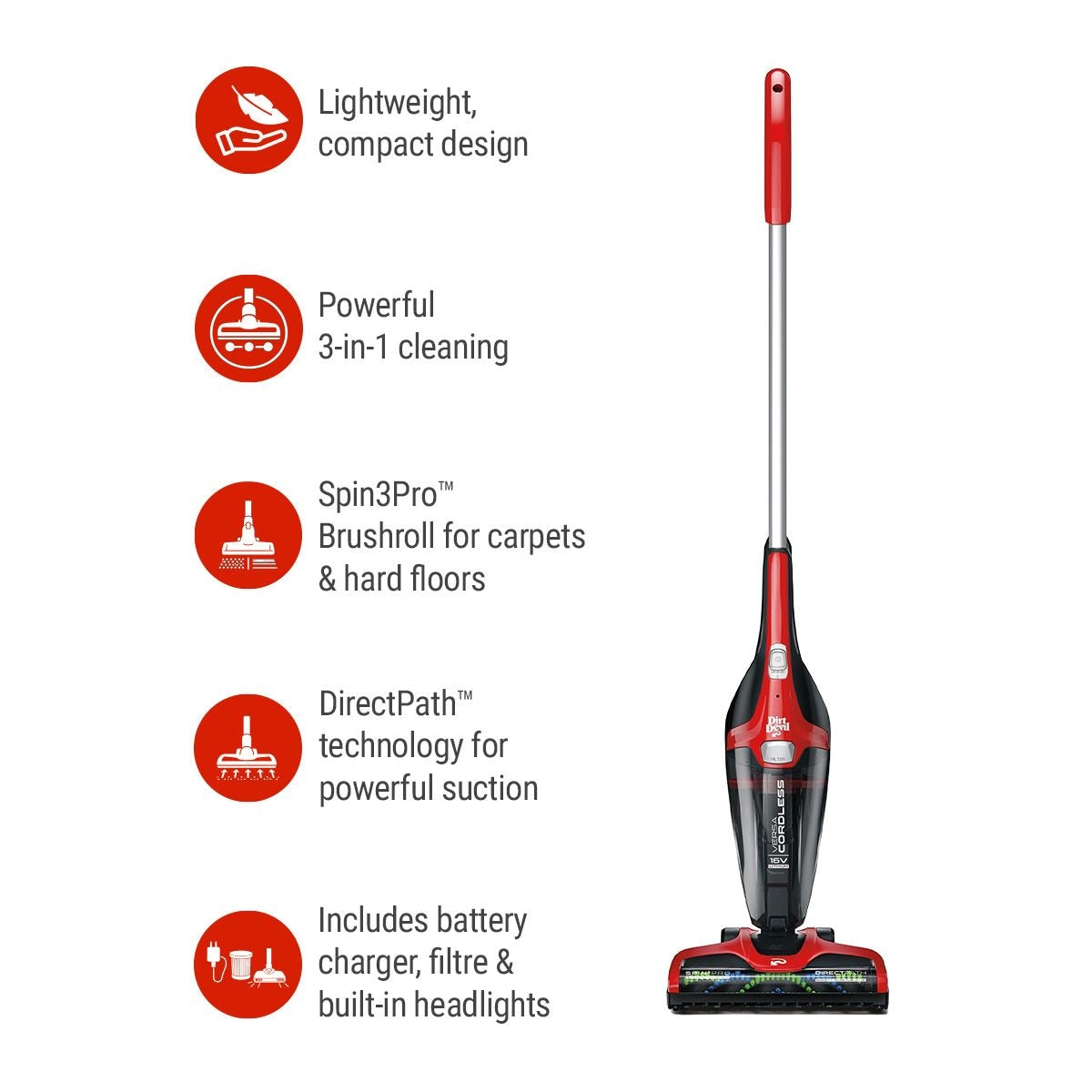 Versa Cordless Stick Vacuum, Lightweight, Red