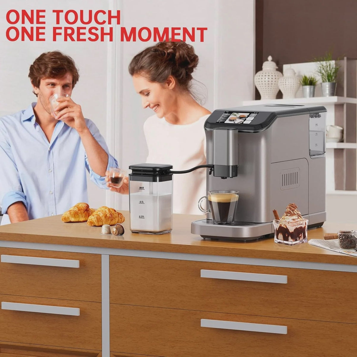 Full Automatic Espresso Machine with Built-In Grinder Milk Frother - FTF Touchscreen Coffee Maker for Latte/Cappuccino, 20 Bar Pressur 1.5L Water...