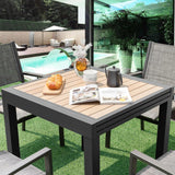 Extensible outdoor dining table, patio table, all-weather aluminum frame, large rectangular lawn backyard garden terrace dining table, suitable for 4 to 6 people, dark gray (dark gray, slatted tabletop)