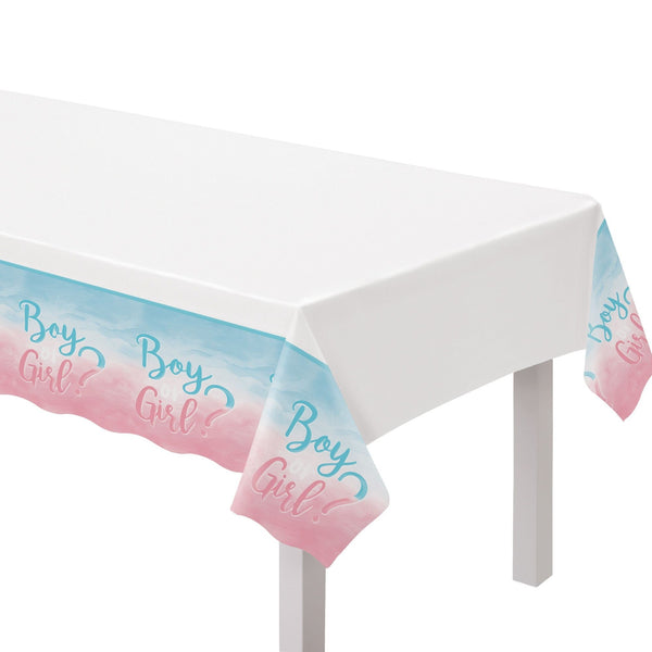"Girl or Boy?" Rectangle Plastic Reusable Table Cover, Pink/Blue, 54x102-in, for Gender Reveal I7525