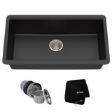 Quarza Undermount Granite Single Bowl Kitchen Sink, Black Onyx, 31x17x9-in
