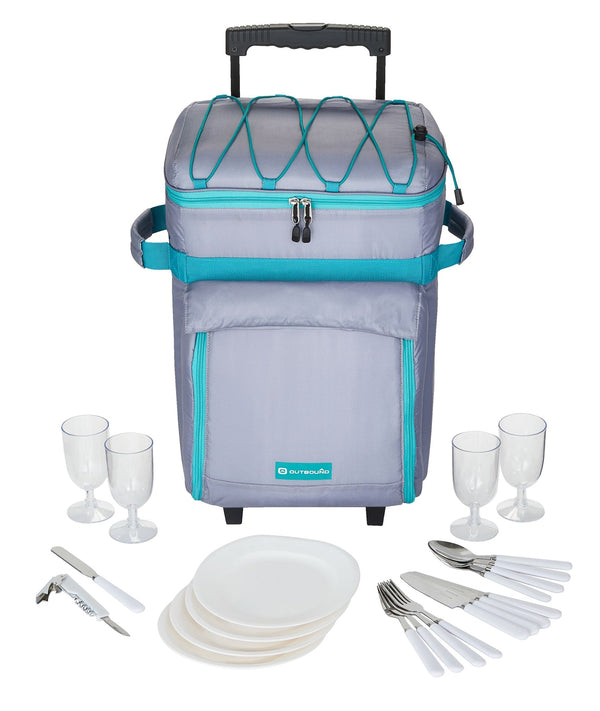 Wheeled Picnic Cooler with 21-Piece Cutlery/Plate Set, 18-Can E1688