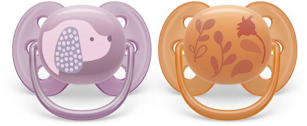 Ultra Soft Pacifier, 6-18 Months, Violet Puppy & Orange Leaves, 2-pk G9257