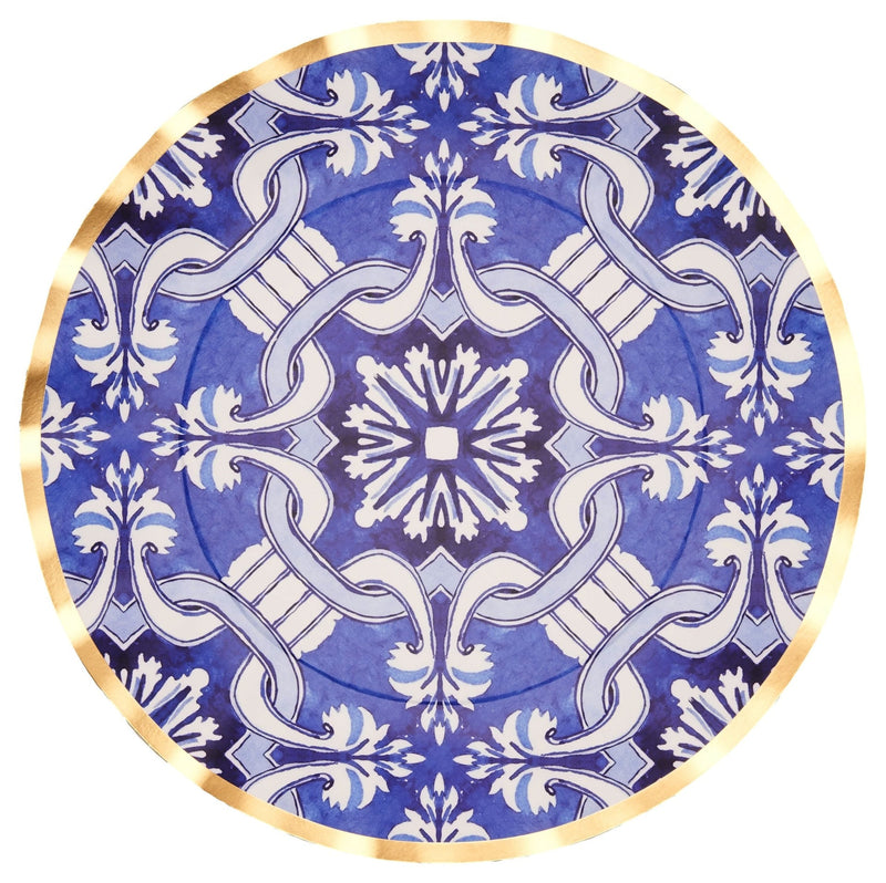Moroccan Nights Round Bordered Trimmed Paper Disposable Dinner Plates, Blue/Gold, Tile, 10-in, 8-pk, for Mother's Day/Easter G1127