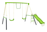 Outdoor 4-Station Metal Swing Set Combo with 2 Swings, Trapeze & Slide, Ages 3+