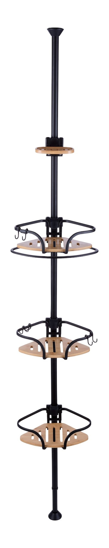 3-Tier Adjustable Rustproof Aluminum Shower Pole Caddy with Bamboo Trim, Matte Black S4454
