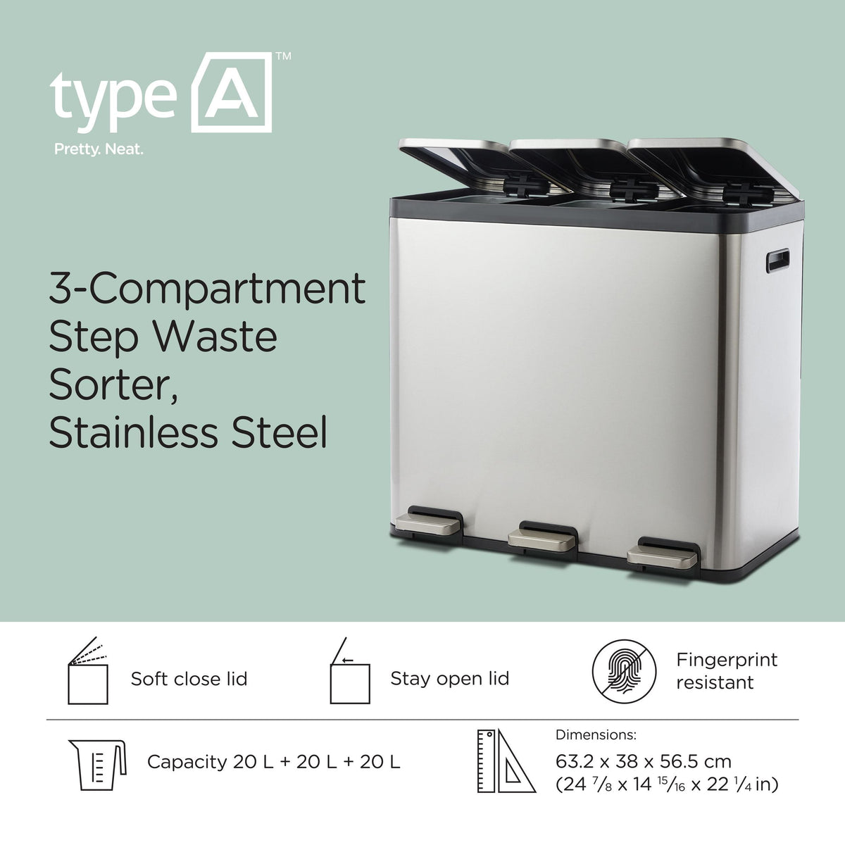 Tri-Sorter Stainless Steel Garbage Can, 3 x 20-L