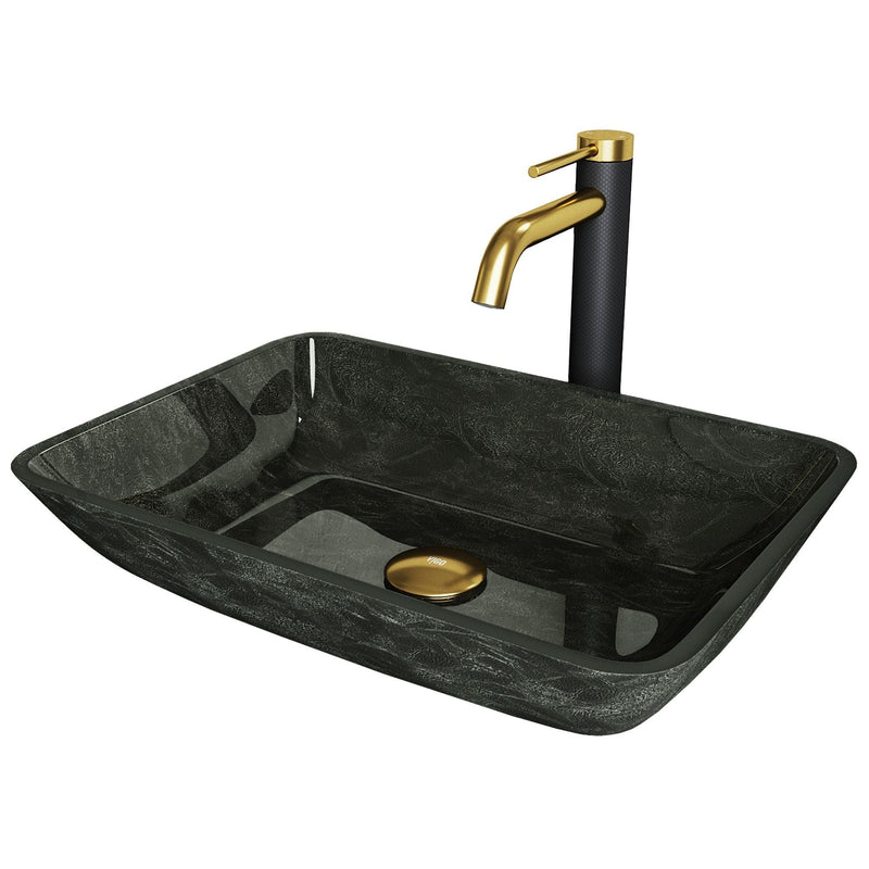 Glass Grey Onyx Bathroom Sink/Basin Set with Matte Gold Lexington Faucet and Rectangular Vessel I631