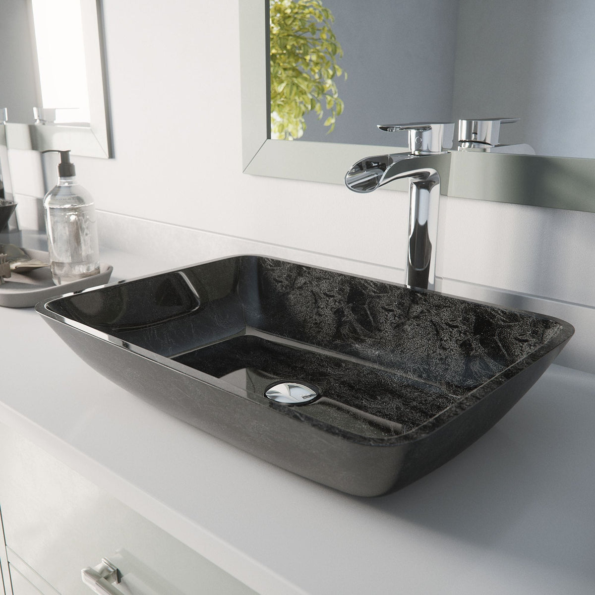 Glass Grey Onyx Bathroom Sink/Basin Set with Niko Faucet and Rectangular Vessel