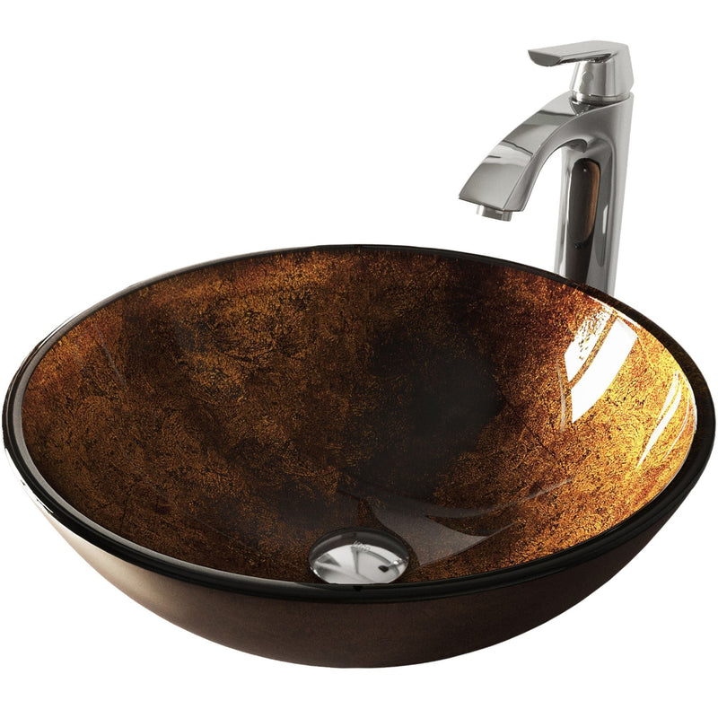 Glass Russet Brown Bathroom Sink/Basin Set with Linus Faucet and Round Vessel I1719