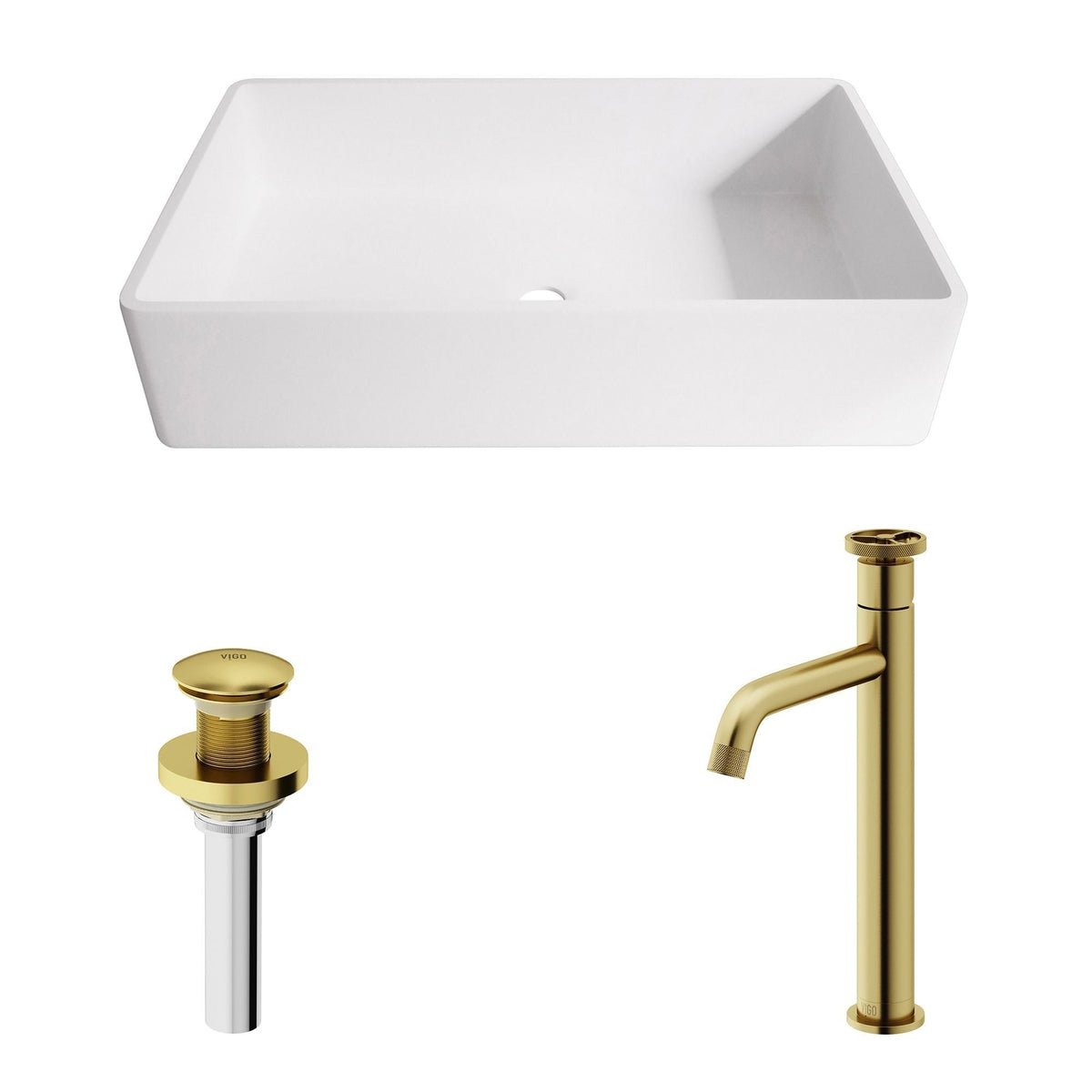 Magnolia White Bathroom Sink/Basin Set with Cass Faucet and Rectangular Composite Vessel