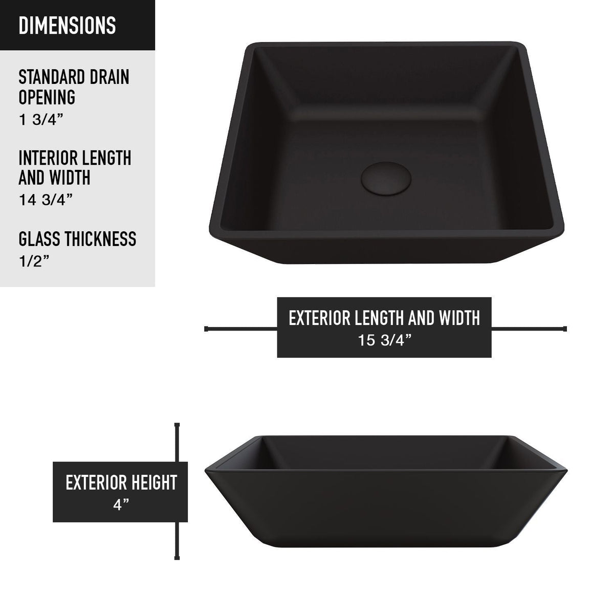 Roma Matte Black Bathroom Sink/Basin Set with Lexington Faucet and Glass Square Vessel